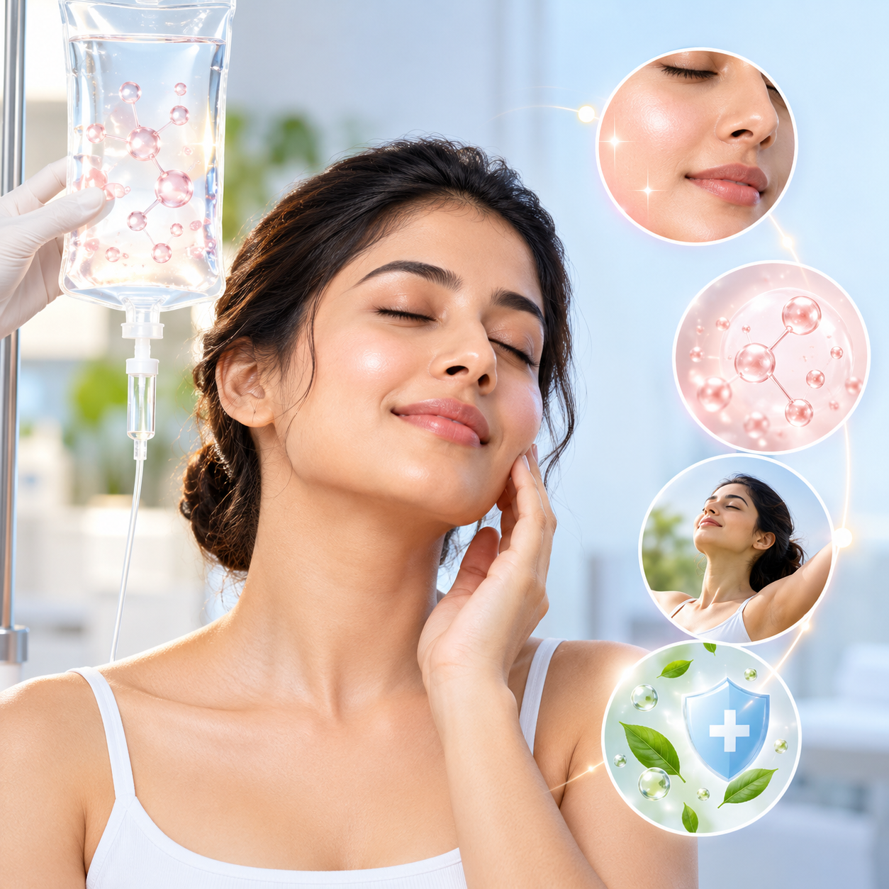 Glutathione molecular structure alongside a skin-care illustration